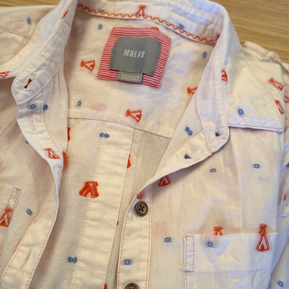 Anthropology Maeve White Shirt with Red and Blue Embroidery